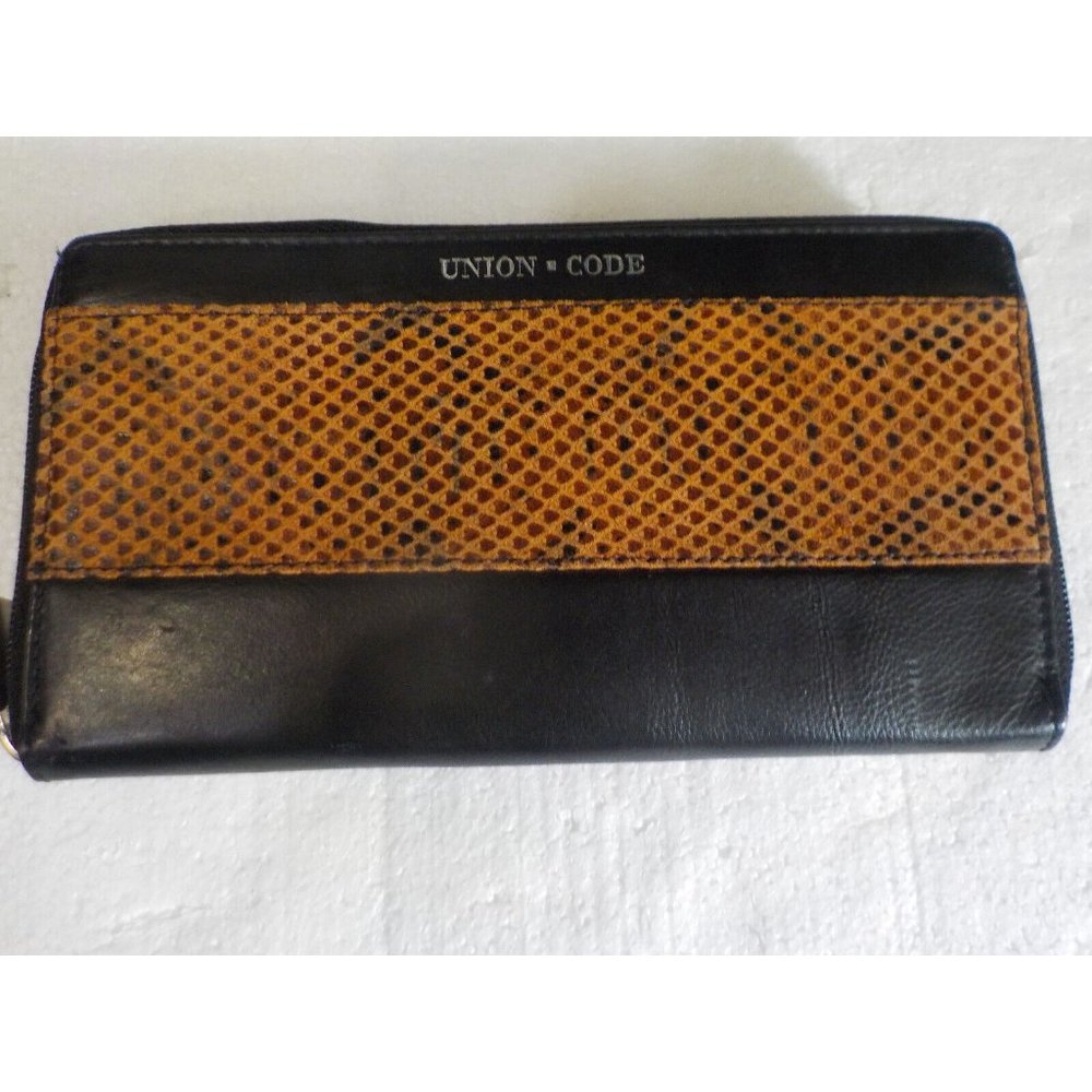 Union Code Women's Zippered Wallet Black Embossed Leather Accent 8" Long